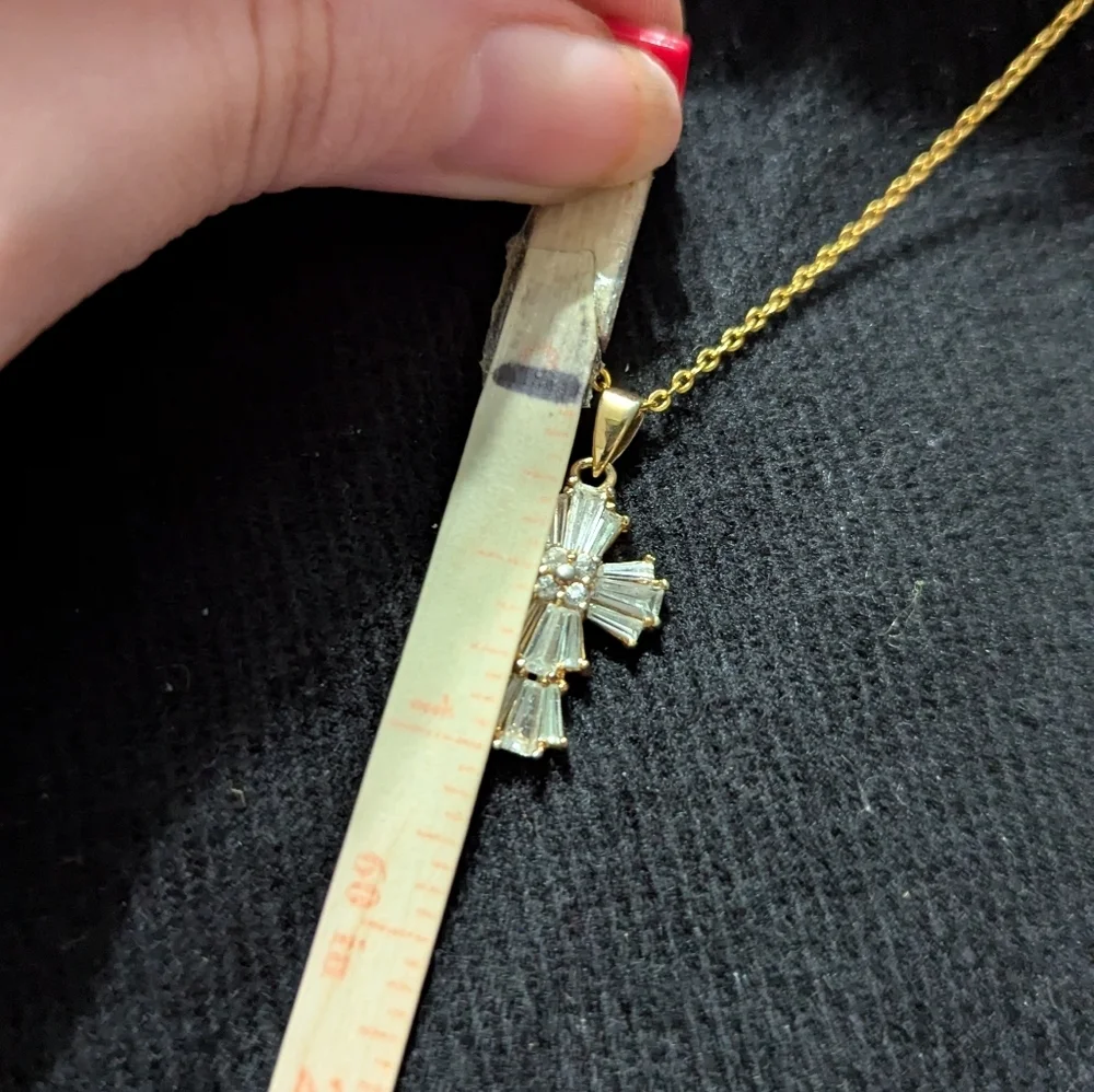 Gold Tone Clear Rhinestone Cross Pendant Statement Necklace